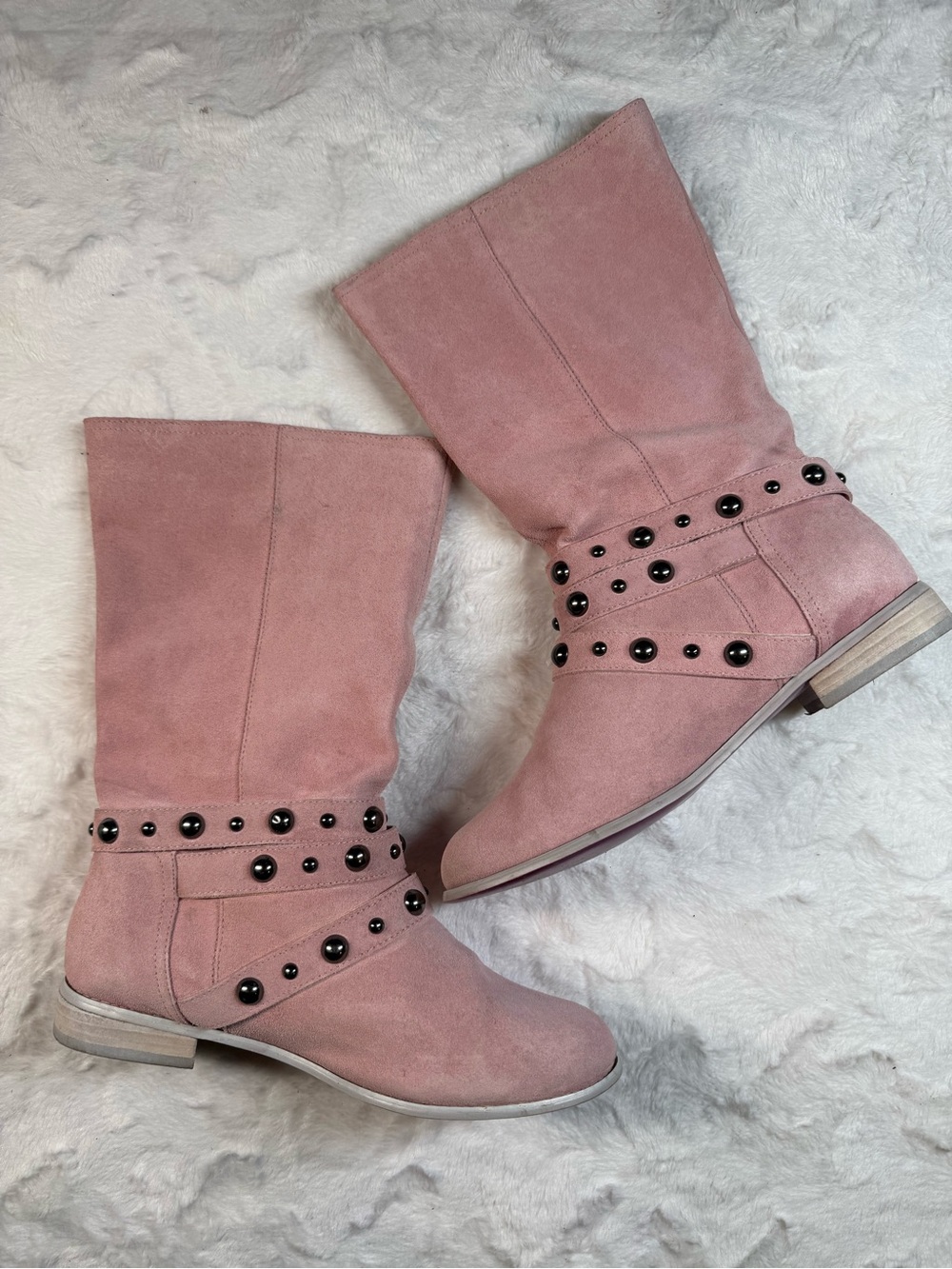 Twiggy London Pink Suede Boots with Studded Strap Detail 9.5M